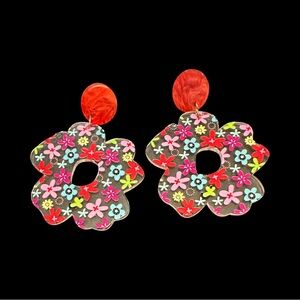 PASTEL Acrylic Earrings Red Purple Pink Floral Print Flower Shaped NEW